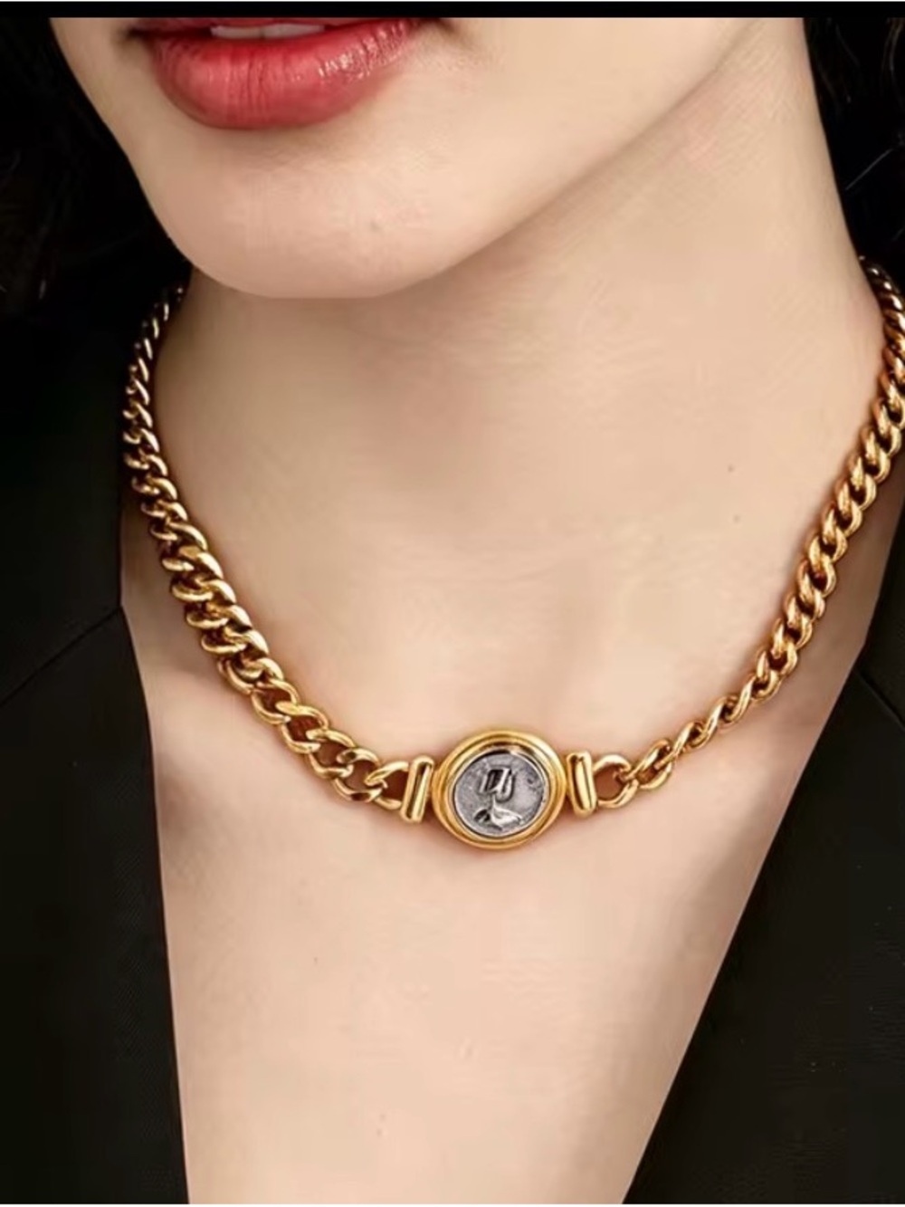 18K Gold Plated Coin Pendant Curb Chain Necklace Cuban Style - Picture 4 of 10